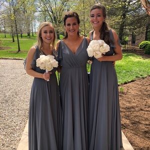 Jenny Yoo Cassie Dress Ruffle Sleeve Chiffon Maxi Denmark Blue Slate Grey Size 0